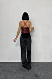 Yonca Moda Evi Bordo Askılı Degaje Bluz