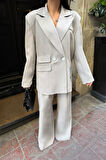Yonca Moda Evi TASARIM ETİKET DETAYLI CEKET - PANTOLON TAKIM - Gri
