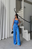 Yonca Moda Evi JAKARLI BLUZU TASARIM DETAYLI CEKET-PANTOLON-BLUZ 3 LÜ TAKIM - Mavi