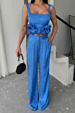 Yonca Moda Evi JAKARLI BLUZU TASARIM DETAYLI CEKET-PANTOLON-BLUZ 3 LÜ TAKIM - Mavi