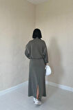 Yonca Moda Evi Haki Biyeli Sweatshirt Ve Etek Takım