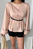 Yonca Moda Evi KEMER DETAYLI SATEN BLUZ - Pembe