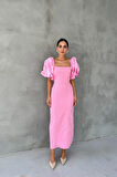 Yonca Moda Evi Pembe İşlemeli Kolu Garnili Elbise