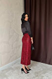 Yonca Moda Evi Bordo Pulpayetli Parlak Etek