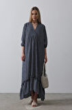 Yonca Moda Evi Çizgili Oversize V Yaka Elbise - Lacivert
