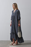 Yonca Moda Evi Çizgili Oversize V Yaka Elbise - Lacivert