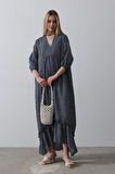 Yonca Moda Evi Çizgili Oversize V Yaka Elbise - Lacivert