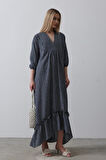 Yonca Moda Evi Çizgili Oversize V Yaka Elbise - Lacivert