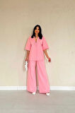 Yonca Moda Evi Pembe Önü Tek Düğmeli Ceket Pantolon Takım