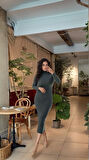 Yonca Moda Evi Kadın Yarım Balıkçı Yaka Süet Kumaş Fırsat ürün Midi Boy Elbise