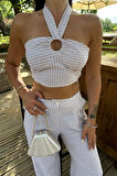 Yonca Moda Evi Vesna Keten Çizgili Crop Takım 9806-0025