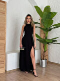 Yonca Moda Evi Kadın Halter Yaka Derin Yırtmaç Detaylı Tam Boy Ithal Krep Abiye Elbise