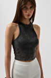 Yonca Moda Evi Yıkamalı Halter Yaka Crop Bluz