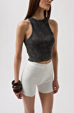 Yonca Moda Evi Yıkamalı Halter Yaka Crop Bluz