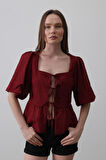 Yonca Moda Evi Kare Yaka Balon Kol Bluz - Bordo