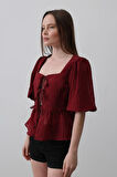 Yonca Moda Evi Kare Yaka Balon Kol Bluz - Bordo