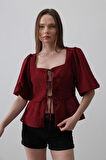 Yonca Moda Evi Kare Yaka Balon Kol Bluz - Bordo