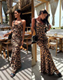 Yonca Moda Evi  Kadın Saten Kumaş Leopar Desenli Uzun Askılı Elbise