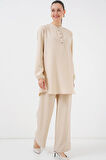 Yonca Moda Evi 6678 Keten Tunik Pantolon İkili Takım - Bej
