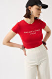 Yonca Moda Evi Thanks God Baskılı Likralı Crop T-Shirt