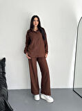 Yonca Moda Evi Gömlek Pantolon Ikili Takım - Kahverengi