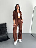 Yonca Moda Evi Gömlek Pantolon Ikili Takım - Kahverengi
