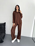 Yonca Moda Evi Gömlek Pantolon Ikili Takım - Kahverengi