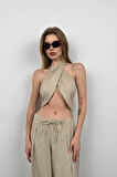 Yonca Moda Evi Çapraz Bağlamalı Keten Crop