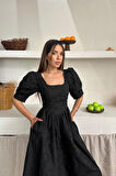 Yonca Moda Evi Siyah Balon Kollu Brode Elbise