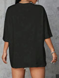Yonca Moda Evi Baskılı Oversize Bisiklet Yaka T-shirt - Siyah