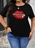Yonca Moda Evi Baskılı Oversize Bisiklet Yaka T-shirt - Siyah