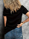 Yonca Moda Evi Baskılı Oversize Bisiklet Yaka T-shirt - Siyah
