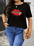 Yonca Moda Evi Baskılı Oversize Bisiklet Yaka T-shirt - Siyah