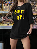 Yonca Moda Evi Baskılı Oversize Bisiklet Yaka T-shirt - Siyah