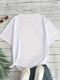 Yonca Moda Evi Baskılı Oversize Bisiklet Yaka T-shirt - Beyaz