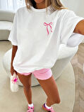 Yonca Moda Evi Fiyonk Baskılı Oversize Bisiklet Yaka T-shirt - Beyaz