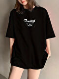 Yonca Moda Evi Thousand Baskılı Oversize Bisiklet Yaka T-shirt - Siyah