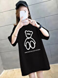 Yonca Moda Evi Baskılı Oversize Bisiklet Yaka T-shirt - Siyah