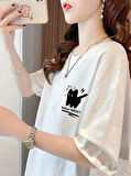 Yonca Moda Evi Baskılı Oversize Bisiklet Yaka T-shirt - Beyaz