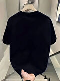 Yonca Moda Evi Baskılı Oversize Bisiklet Yaka T-shirt - Siyah