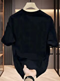 Yonca Moda Evi Baskılı Oversize Bisiklet Yaka T-shirt - Siyah