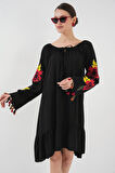 Yonca Moda Evi Nakışlı Midi Elbise 2531 - Siyah