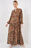 Yonca Moda Evi 2423 Otantik Desenli Tesettür Elbise - Camel