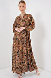 Yonca Moda Evi 2423 Otantik Desenli Tesettür Elbise - Camel