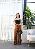 Yonca Moda Evi Keten Önü Çapraz Parçali Lasti̇kli̇ Ve Bağcikli Geni̇ş Paça Pantolon