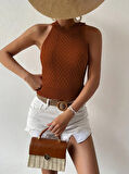 Yonca Moda Evi Kadın Kolsuz Halter Yaka Mini Baklava Desenli Triko Bluz