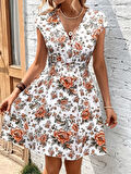Yonca Moda Evi Kadın Kısa Kollu Kruvaze Yakalı çiçekli Desenli Süprem Elbise