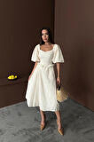 Yonca Moda Evi Bej Balon Kollu Dantelli Brode Elbise