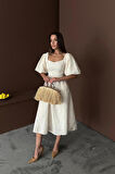 Yonca Moda Evi Bej Balon Kollu Dantelli Brode Elbise