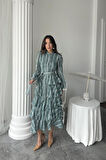 Yonca Moda Evi Mint Uzun Volanlı Elbise